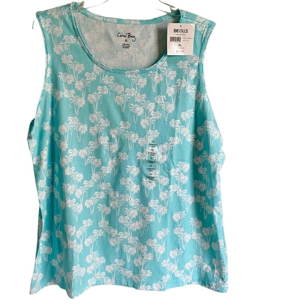 Coral Bay Sleeveless Every Day Tank Blue White Palm Trees Women's Size XL NEW